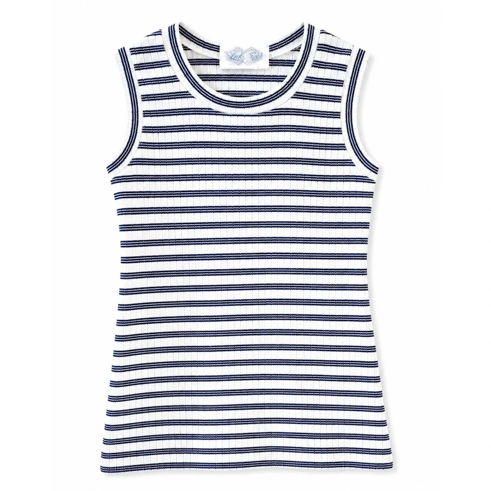 Lucky Tops Ribbed Striped Tank Top White‎ Navy Sleeveless Knit Top Size Small